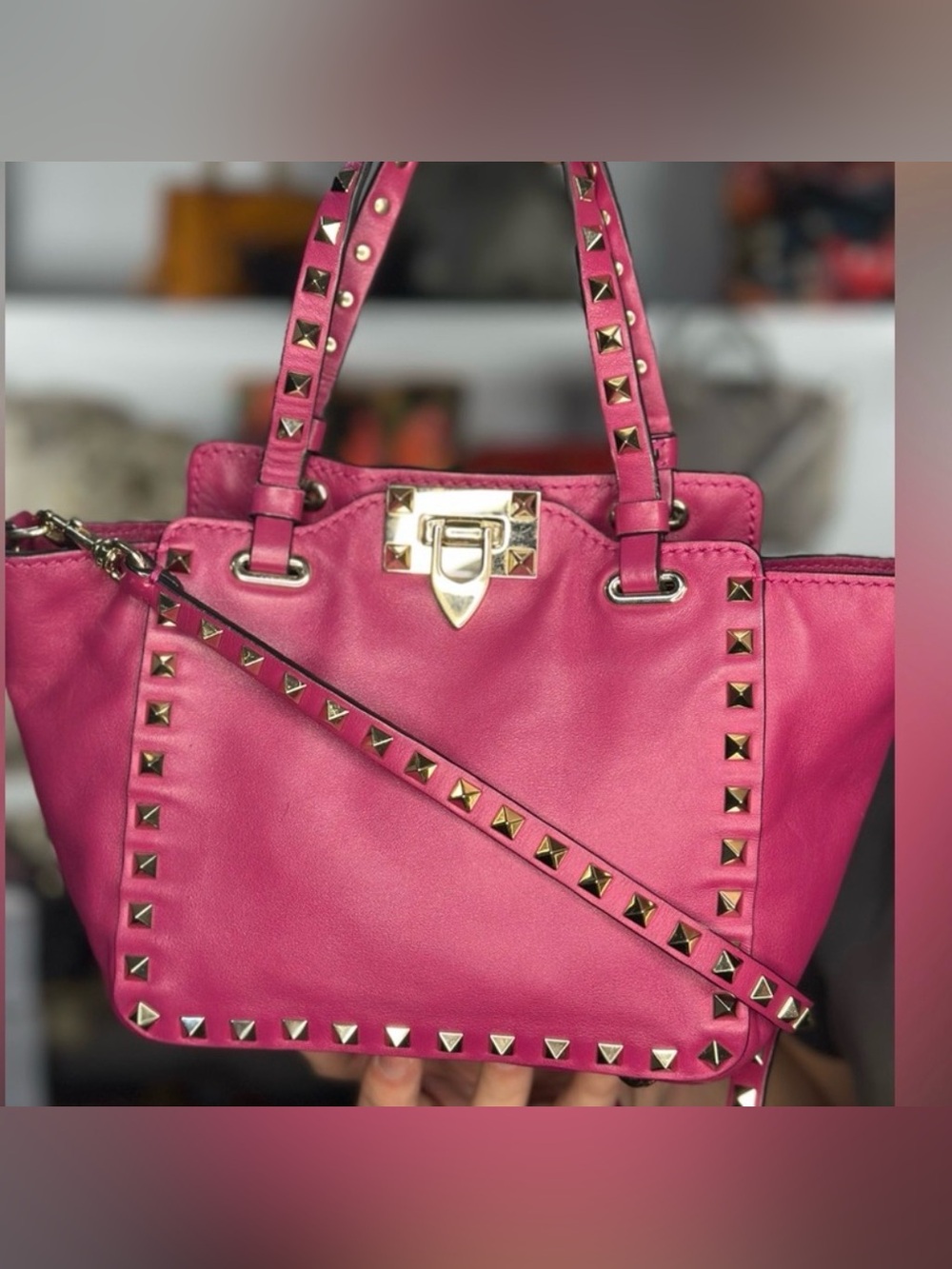 Valentino Garavani Deep Pink/Raspberry Rockstud Leather Two Way Bag with dusty